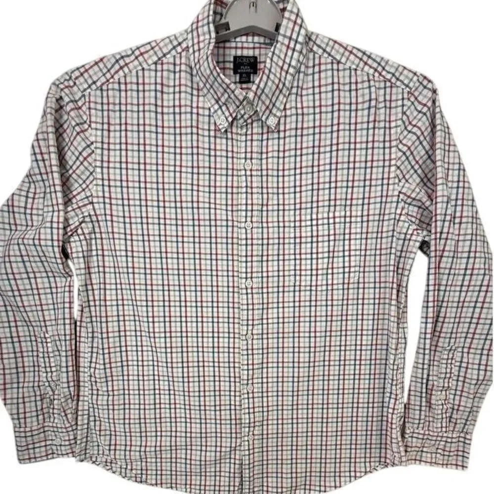 J.Crew Flex Washed Button-Down Plaid Shirt Casual Red Blue Checkered Pattern XL